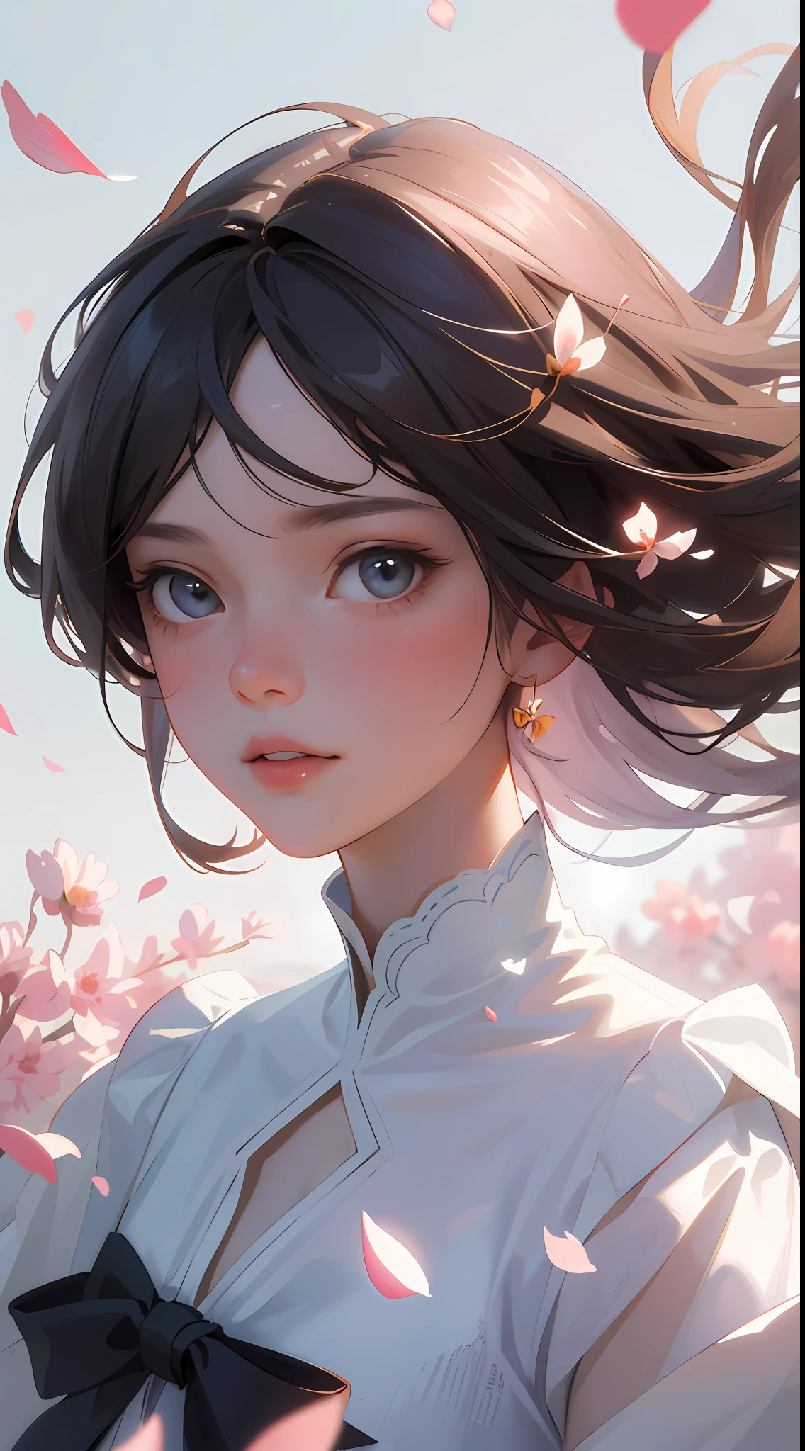 (best quality, masterpiece, ultra-realistic), 1 beautiful and delicate portrait of a girl, playful and cute, with floating petals in the background