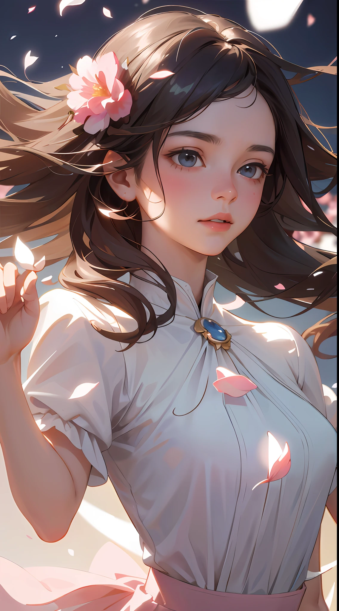 (best quality, masterpiece, ultra-realistic), 1 beautiful and delicate portrait of a girl, playful and cute, with floating petals in the background