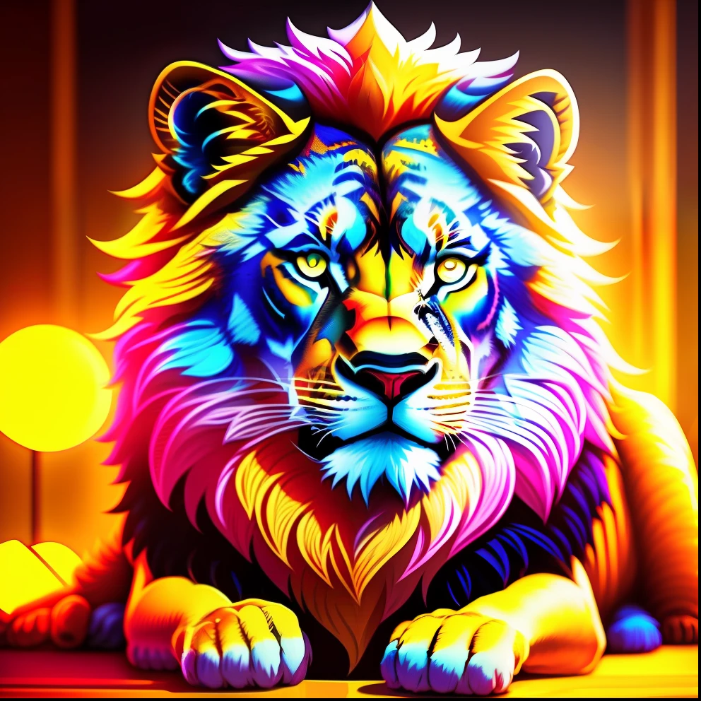 A lion in contemporary style with accent lighting. Use a DSLR camera to capture the image. The predominant color should be golden. The lion should be represented in a large size, with a wide depth of field and exceptional quality