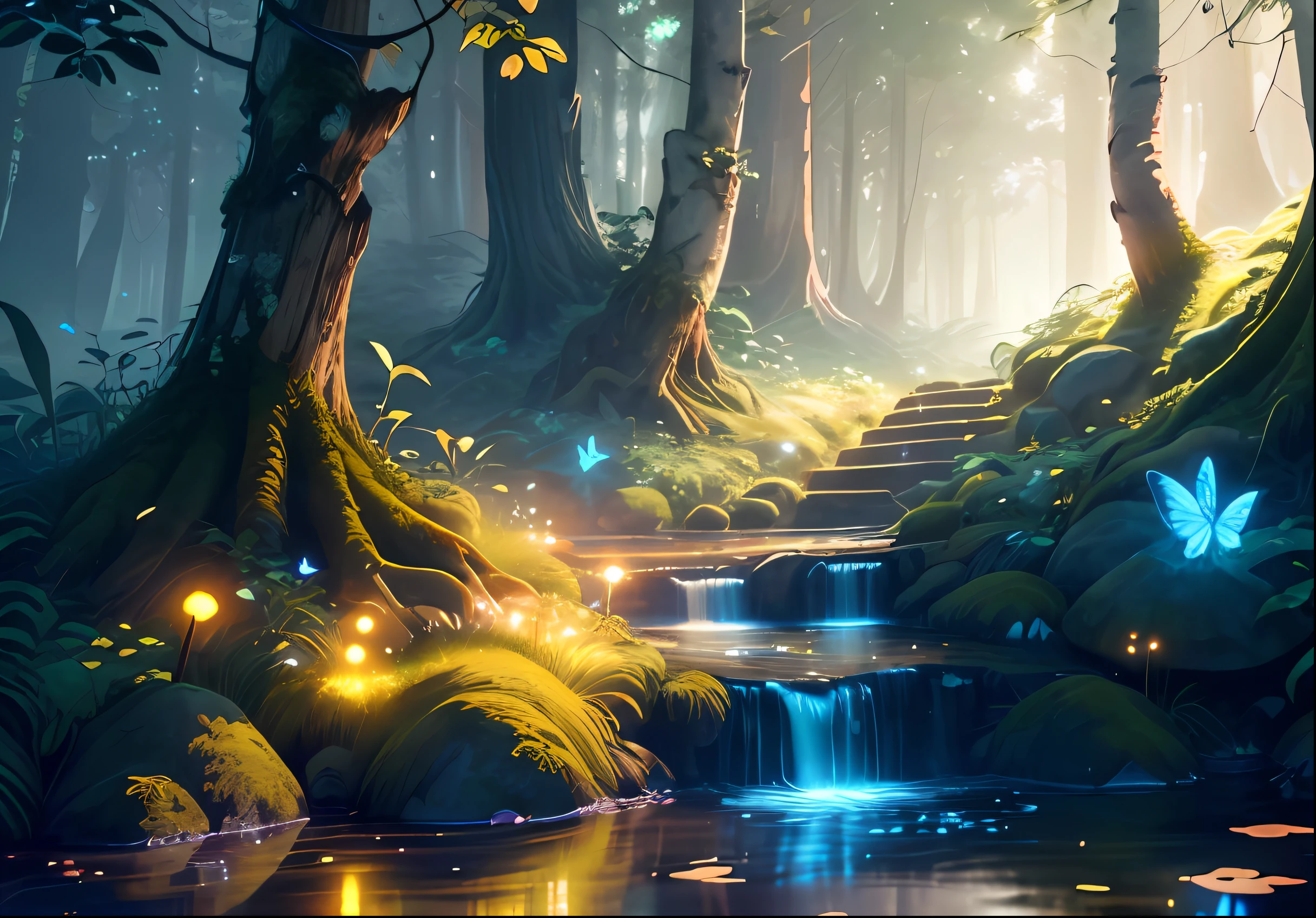 Masterpiece, best quality, (highly detailed CG unity 8k wallpaper), (better quality), (better illustrations), (better shadows), forest theme with natural elements. Tall trees, quiet streams, glowing small mushrooms surrounded by delicate leaves and branches, with fireflies and glowing particle effects, (natural elements), (jungle theme), (leaves), (branches), (fireflies), butterflies, ( delicate leaves ), (glow), (particle effects). , isometric 3D, octane rendering, ray tracing, hyper detail