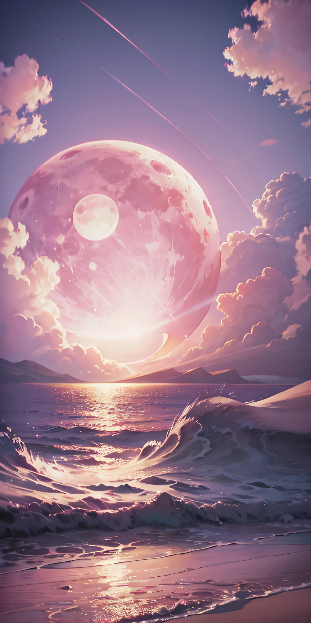 粉红月亮, 粉红色的天空, 淡粉色的云彩, pink waves 闪闪发光的, 闪闪发光的, 粉色海洋上的粉色玫瑰, 幻想, 柔和的灯光, 超高清, 现实主义, 电影效果, 镜头光晕, 光圈 16