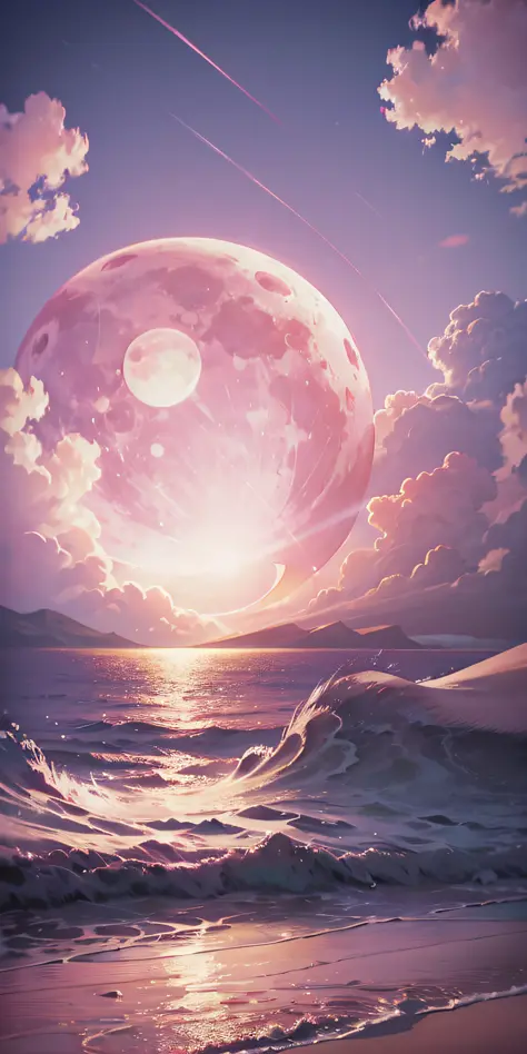 Pink moon, pink sky, pastel pink clouds, pink waves sparkling, sparkling, pink roses on pink ocean, fantasy, soft lighting, ultr...