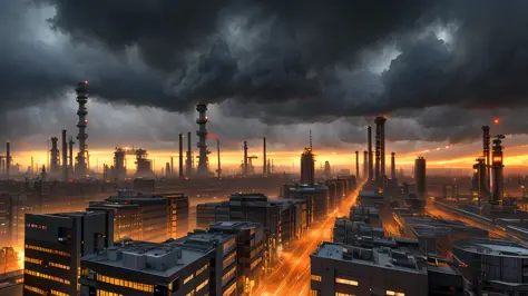 air exchange, reactor, generator, technology, grey-brown sky visible outside industrial windows, midnight, nighttime, dark cloud...
