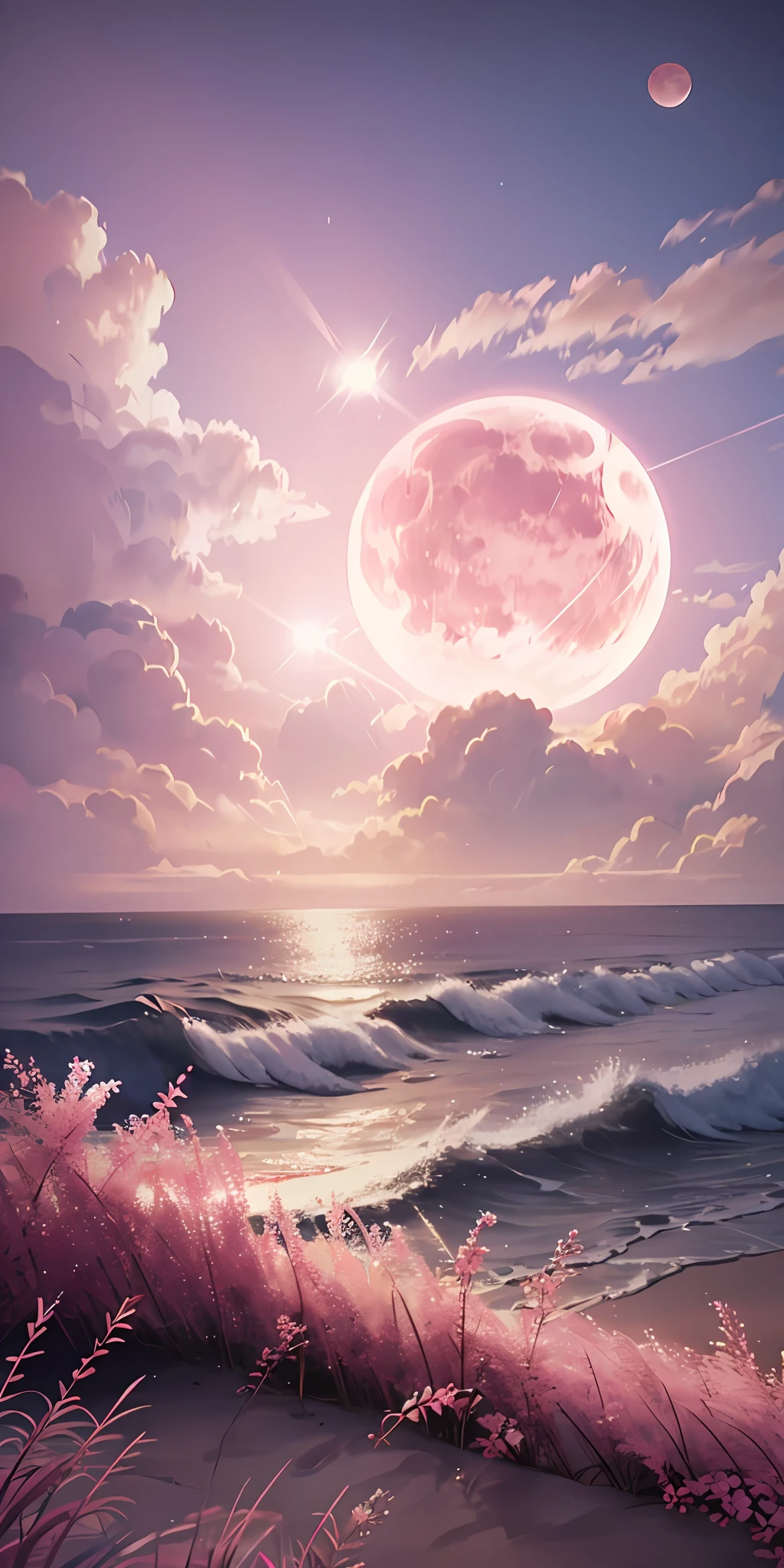 핑크문, 핑크빛 하늘, 파스텔 핑크 구름, pink waves 반짝이는, 반짝이는, 핑크 바다에 핑크 장미, 공상, 부드러운 조명, 울트라 HD, 실재론, 영화 효과, 렌즈 플레어, 조리개 16