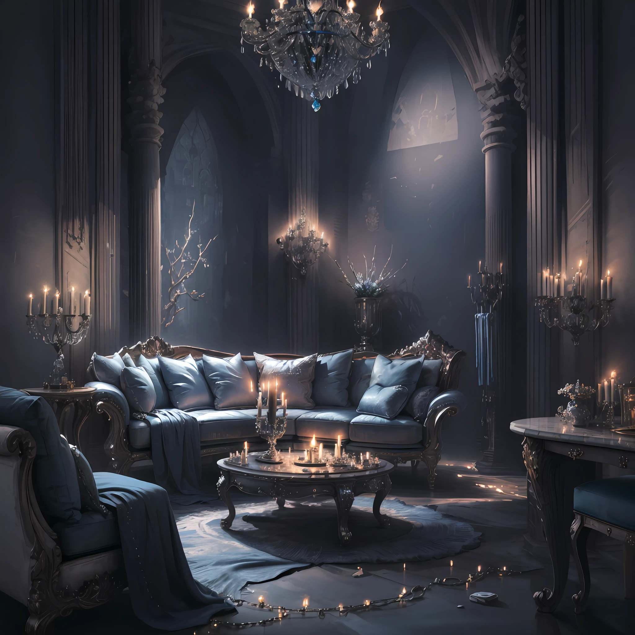 Masterpiece, best quality, 8k, high detail, hyper-detail, open plan layout living room, blue candlelight, 1lady, (black robe with hood), blue eye shadow and blush, (silver chain, white crystal pendant on wrist), unlit chandelier, leather sofa, with one main piece and two sides, (marble coffee table), (blue candle fire), semi-open layout of living room, dining room, kitchen, candlelight projecting creepy colors