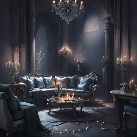 Masterpiece, best quality, 8k, high detail, hyper-detail, open plan layout living room, blue candlelight, 1lady, (black robe wit...