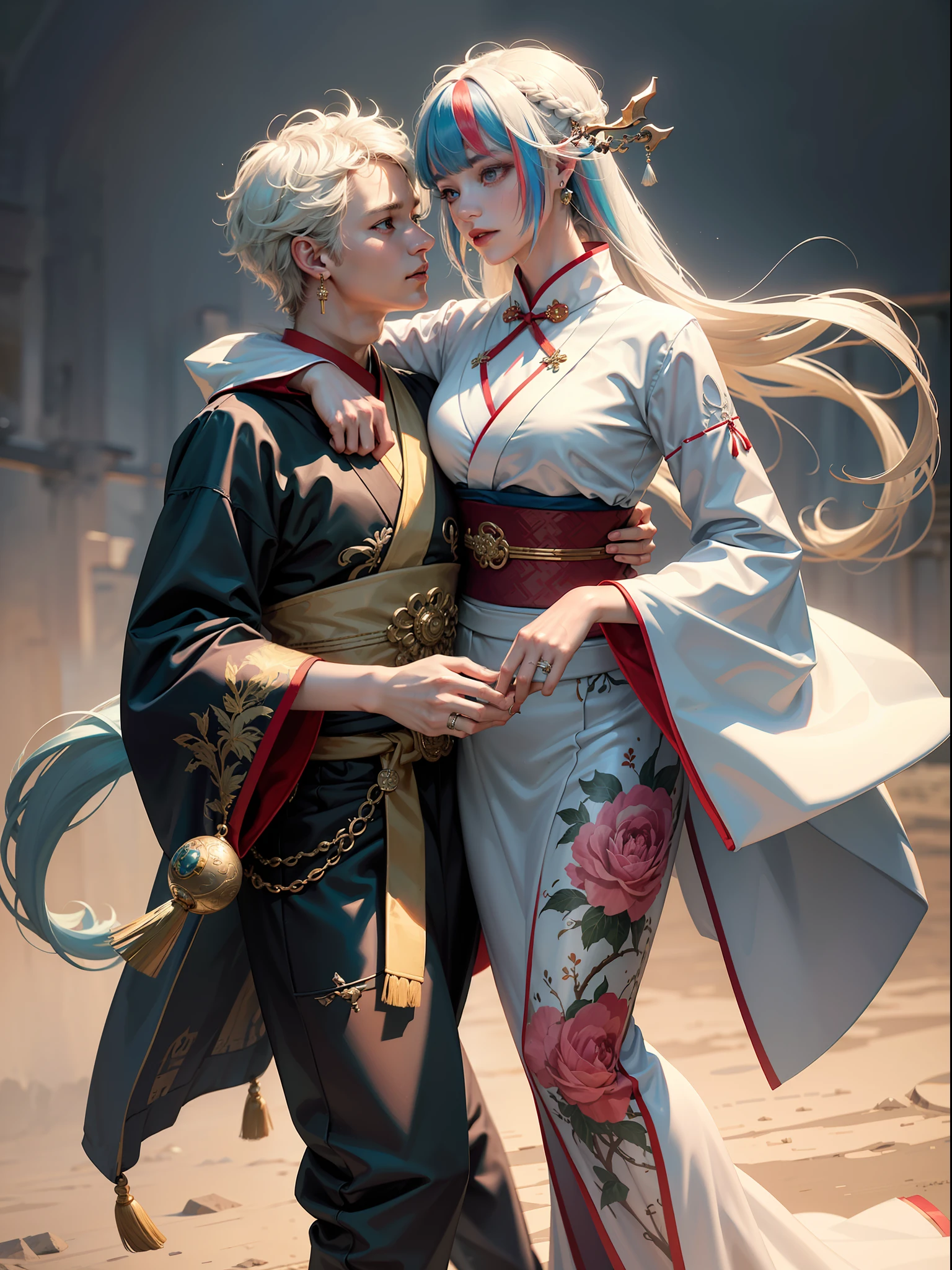 Concept Art, "1 Couple, Male Focus, Finned Ears, Multicolored Hair, Handsome Boy, Long White Hair, Tassels, Bangs, Carp, Colorful, Bold Colors, White Kimono, (Open) Kimono, Traditional Chinese Clothing, Close-up, Intimate Interaction, Stud Earrings, Rings, Sweat, Illuminate People", Colorful, Master Composition with Focus on Key Figures, Realism, Masterpiece, Award-Standing, Best Quality, Masterpiece, Ultra Detailed, 8K, Extremely detailed CG Unity 8k wallpaper, complex, highly detailed, realistic