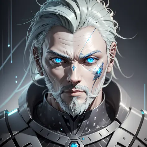 Design an avatar that combines human and mechanical characteristics, creating a unique cyborg appearance. The avatar has a metallic silver skin with subtle textures, merging organic and technological elements. Half of the face displays aged human skin with...