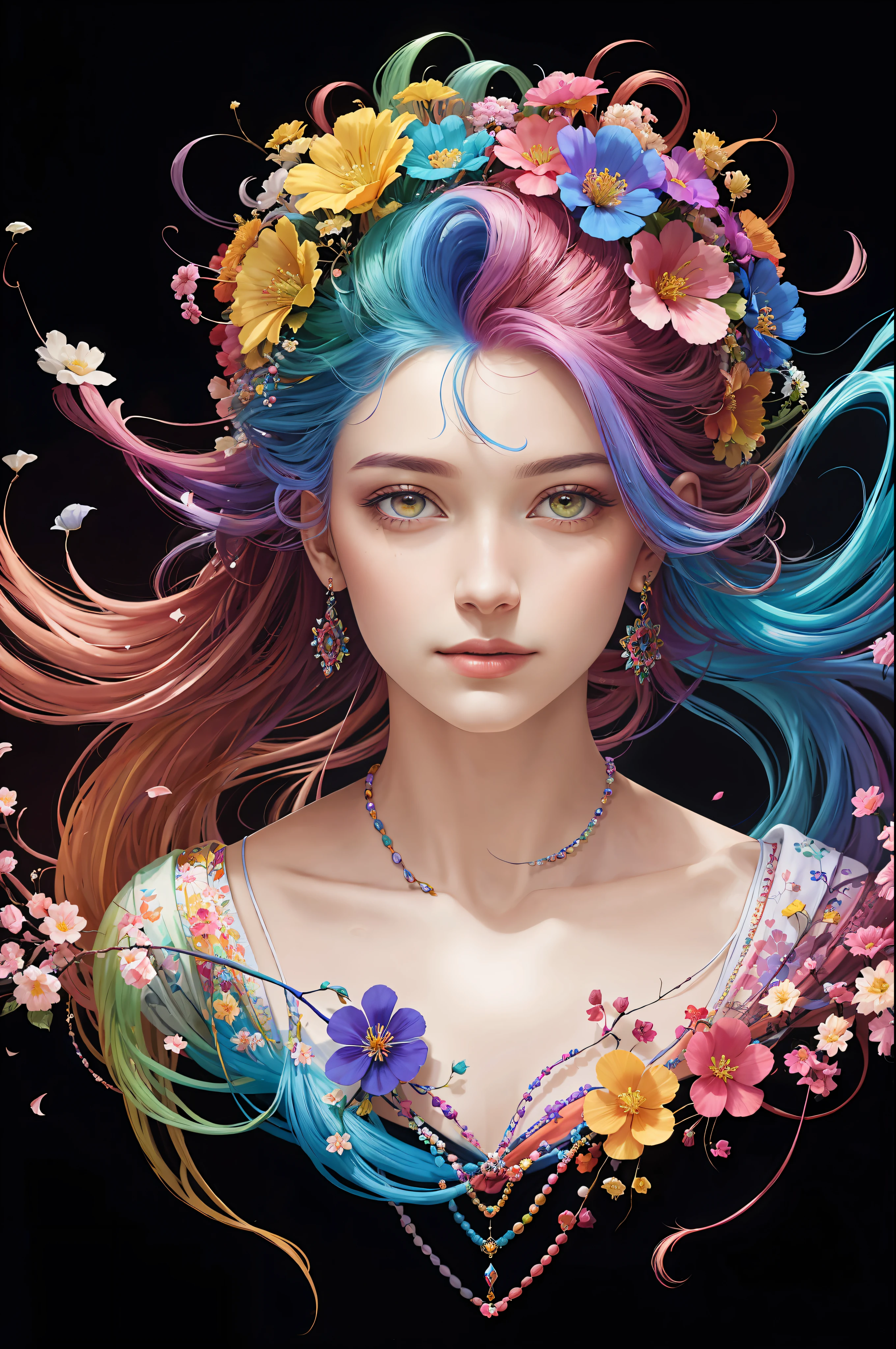 cabello de colores brillantes con flores y cuentas encima, colorido arte de fantasía digital, hermoso arte uhd 4k, magnífico arte digital, hermoso arte digitalwork, Arte digital 4k muy detallado, hermoso arte digital, impresionante arte digital, arte digital realista 4k, arte digital realista 4k, beautiful magnífico arte digital, arte de alessandro pautasso, pintura digital colorida