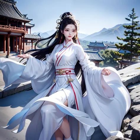Wuxia, white horse, white robe, long hair, ancient buildings, deep mountains