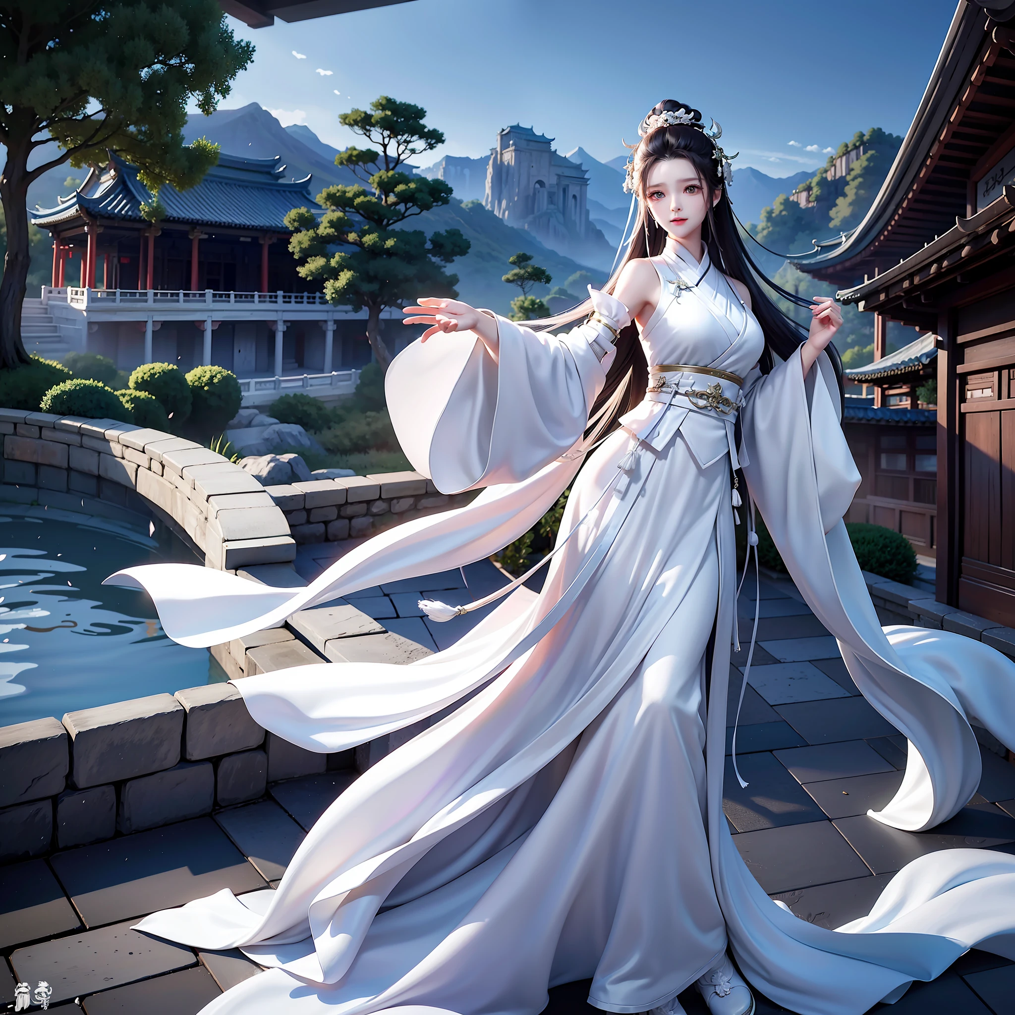 Wuxia, Cavalo branco, roupão branco, cabelo longo, Construções antigas, Montanhas profundas