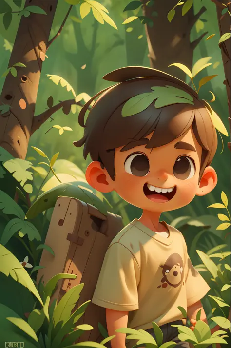 A happy cute boy standing short hair, wearing a brown T-shirt, cream shorts, outdoor, forest background, child, toon, pixar styl...