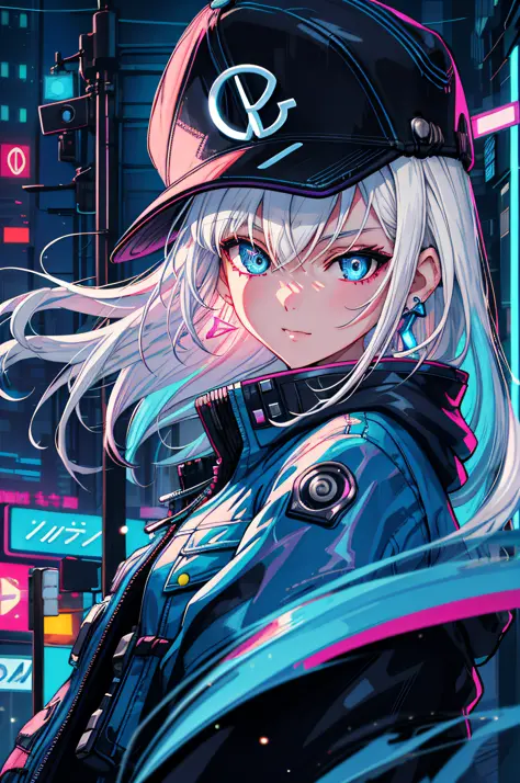 1 girl, solo, colorful, blue eyes, cyberpunk, cityscape, moon background, peace sign, earrings, white hair, hat, neon sign, beau...