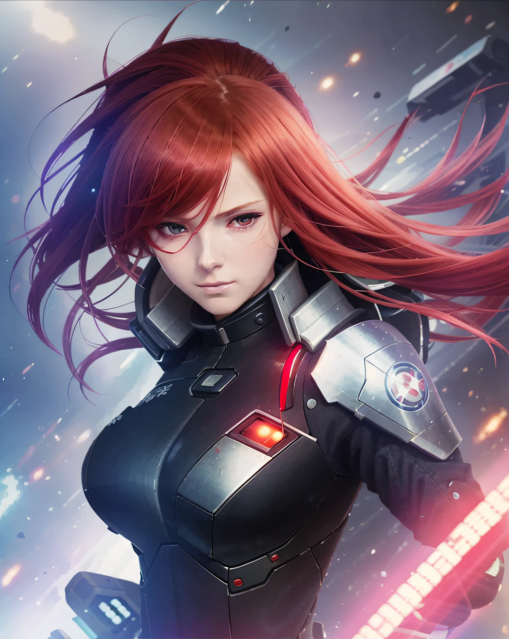 um close de uma mulher com longos cabelos ruivos e um terno futurista, Heroína Android, retrato de uma heroína de anime feminina, ação feminina anime garota, sci fi anime, Garota andróide perfeita, sci-fi anime, universo da linha de frente das meninas, retrato anime espaço cadete garota, garota de anime do futuro, personagem feminina de anime, protagonista feminina, estilo de filme de anime de linha vermelha