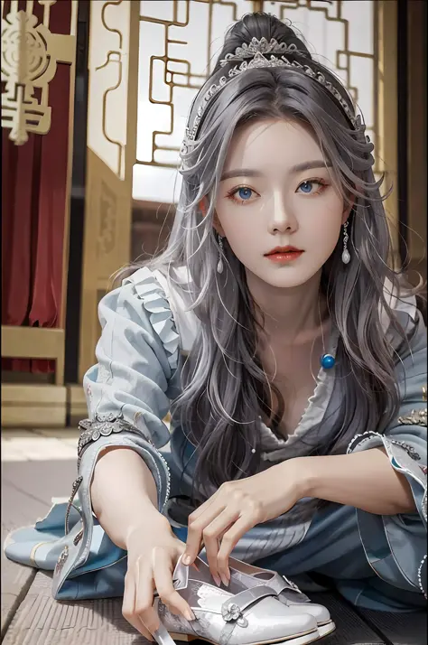 Masterpiece, Superb Product, Chinese Imperial Palace, Chinese Style, Ancient China, 1 Woman, Mature Woman, Silver-White Long Haired Woman, Gray-Blue Eyes, A Pair of Shoes in Hand