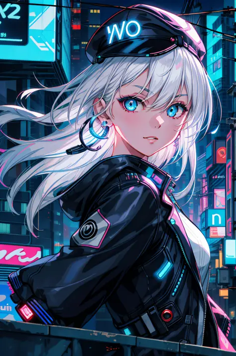 1 girl, solo, colorful, blue eyes, cyberpunk, cityscape, moon background, peace sign, earrings, white hair, hat, neon sign, beau...