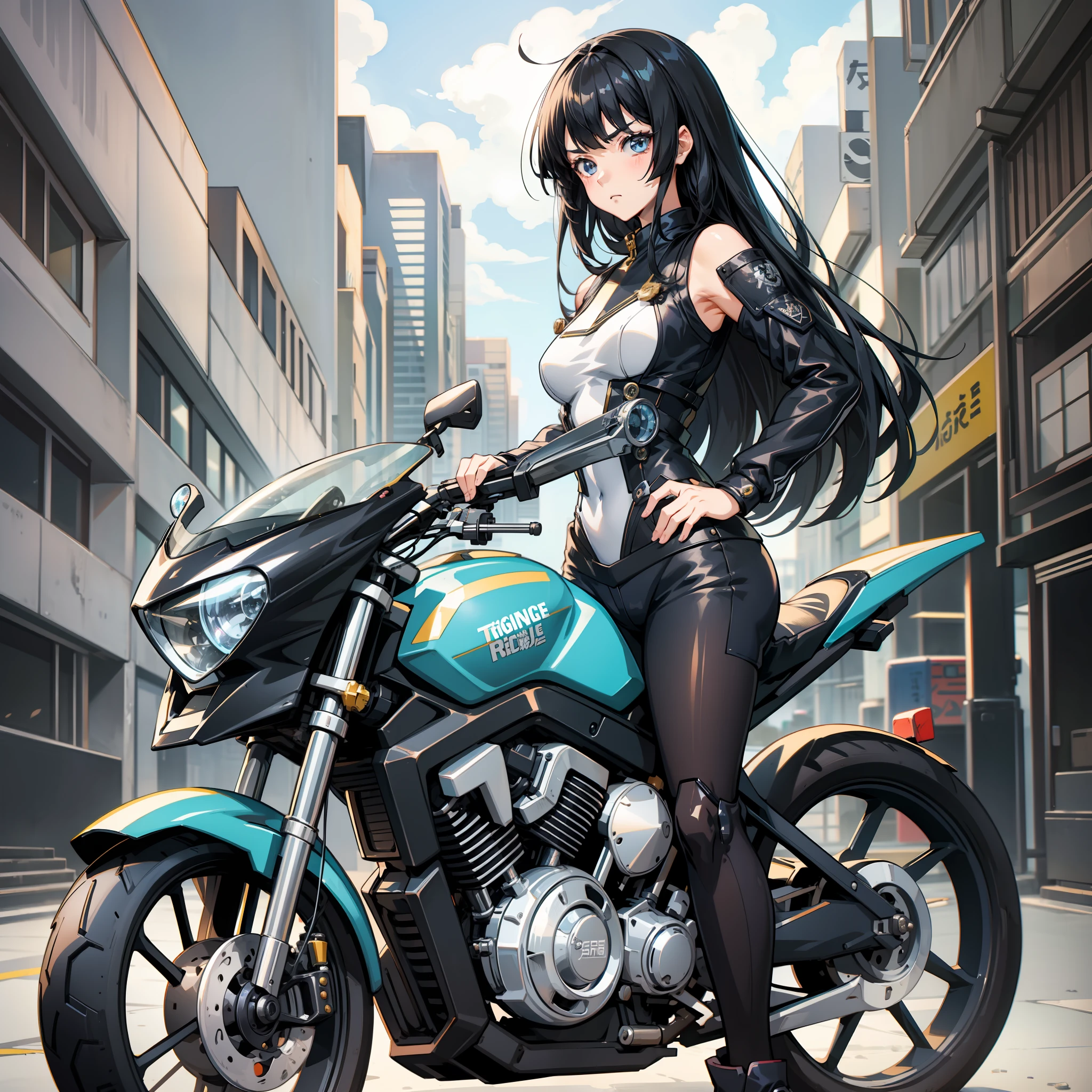 Girl anime character in high  with black hair, bangs covering eyebrows, long hair, short hair, expressionless, collapse 3rd style, chic, kuldere, japanese animation studio style, masterpiece, girl riding a motorcycle, moe art style