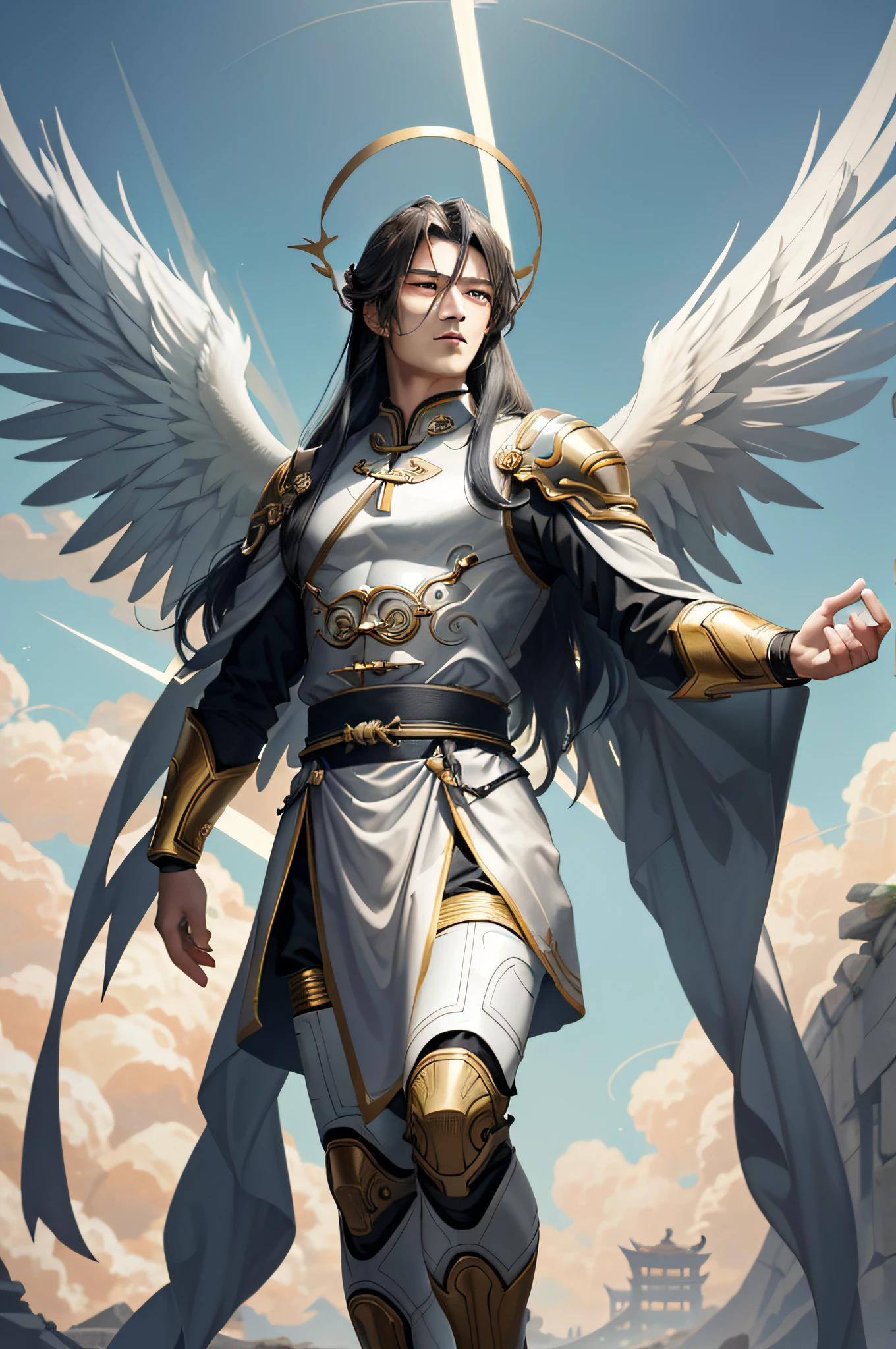 8K original photo, best quality, masterpiece, super high resolution, ancient Chinese man, handsome, perfect body, long hair, (halo: 2.0), (wings: 2.0), sky background, blurred background