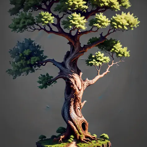 ((best quality)), single tree, complete, comfortable, reasonable structure, shocking, high detail, rich, 8k, tree, light and dar...