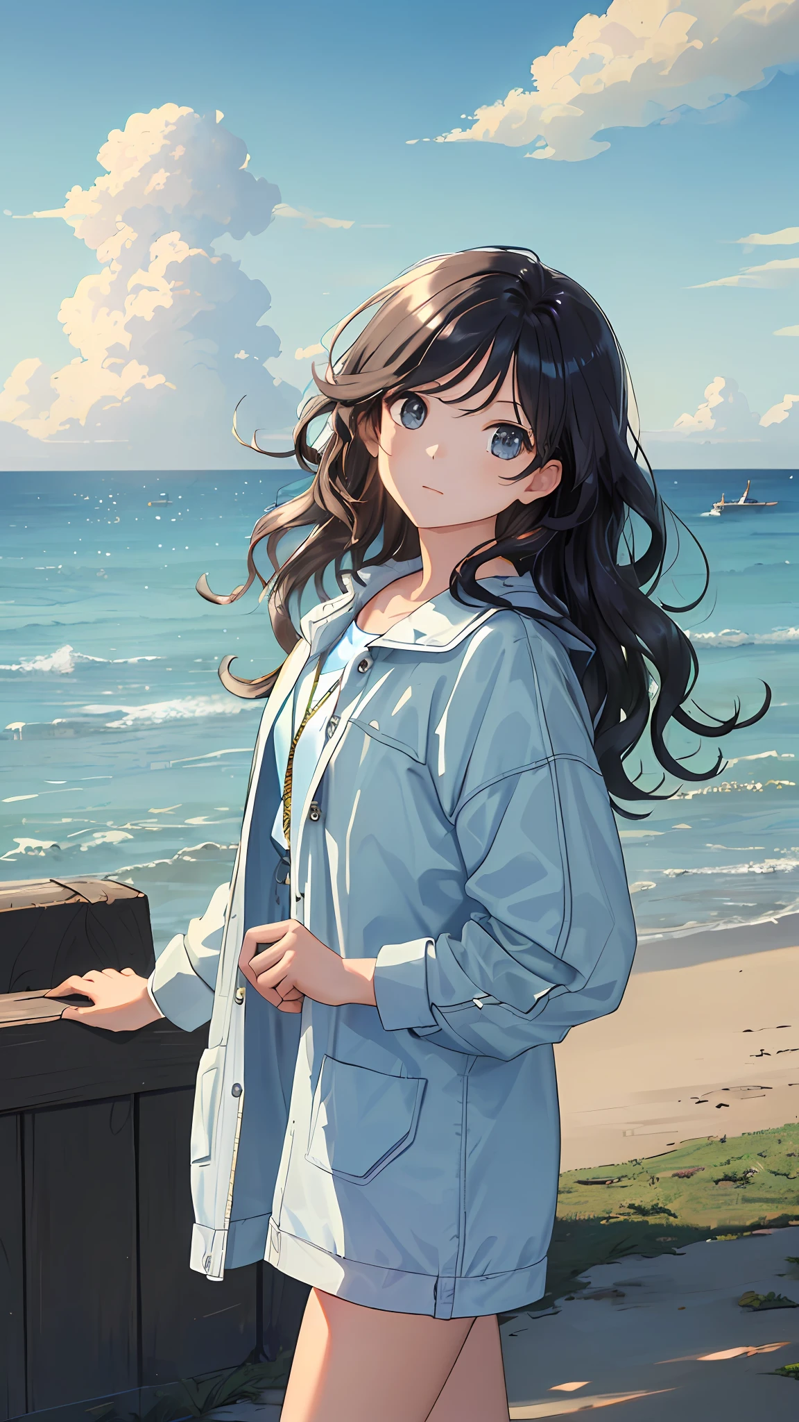 (masterpiece, best quality:1.2),  looking at viewer, (earlyteen:1.2), (cinematic:1.4), wavy hair, (shiny skin, bright skin:1.2), outdoors, cloudy sky,