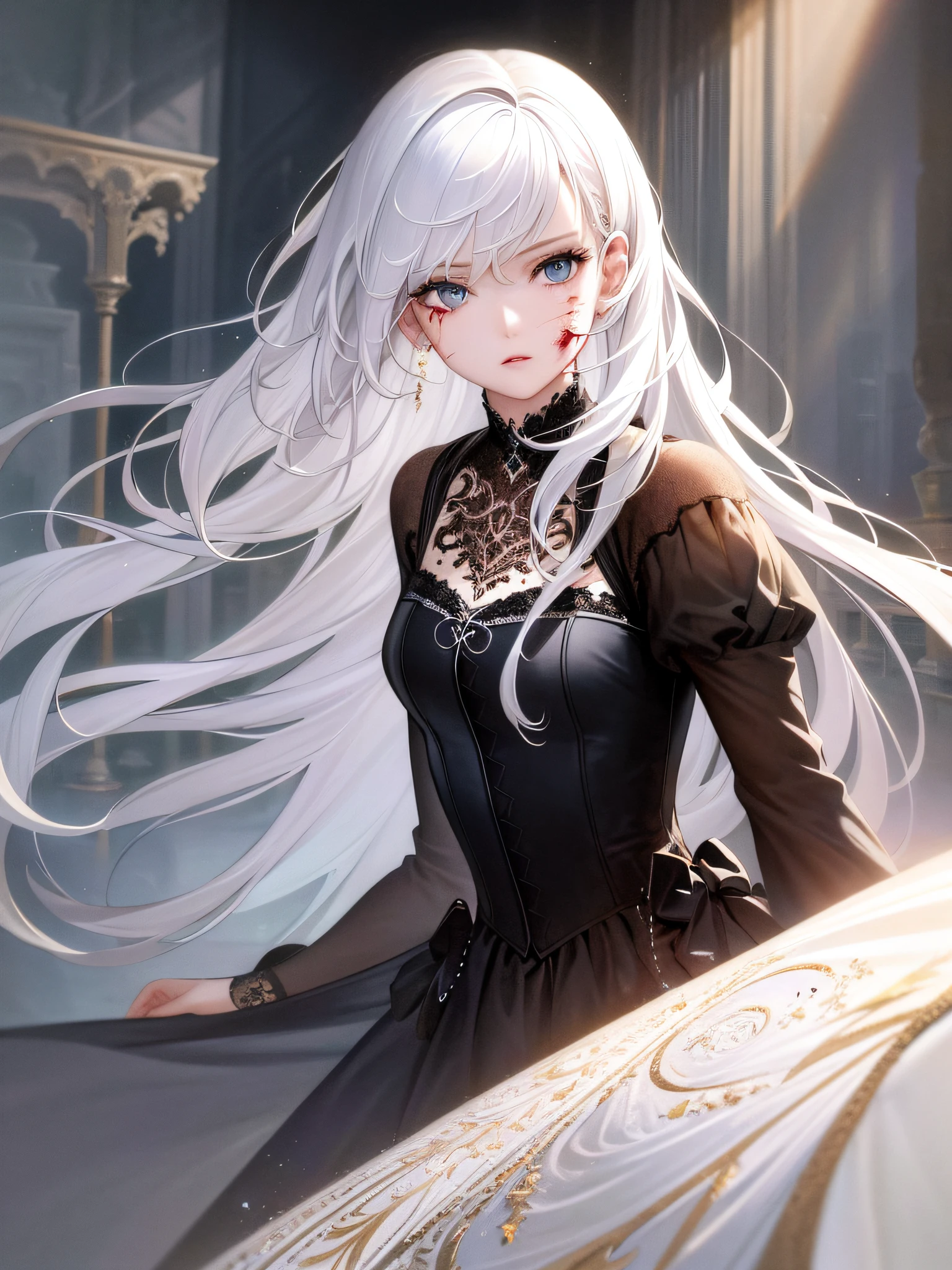 best quality, masterpiece, super high resolution, (reality:1.5), art, original photo, dynamic lighting, high resolution, sharp focus, depth of field,1girl, medium, masterpiece, best quality, super detailed, illustration, white hair and super detailed face, high quality face, upper body, fighting, bleeding, tattered clothes,