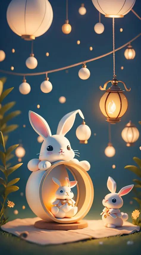 Light color simple illustration style, cute cartoon bunny sitting on a big pie, holding a lantern, surrounded by three bunnies, hanging a shiny lantern, the background needs to be simple, the cool breeze of the summer night blows, the sky has a bright moon...