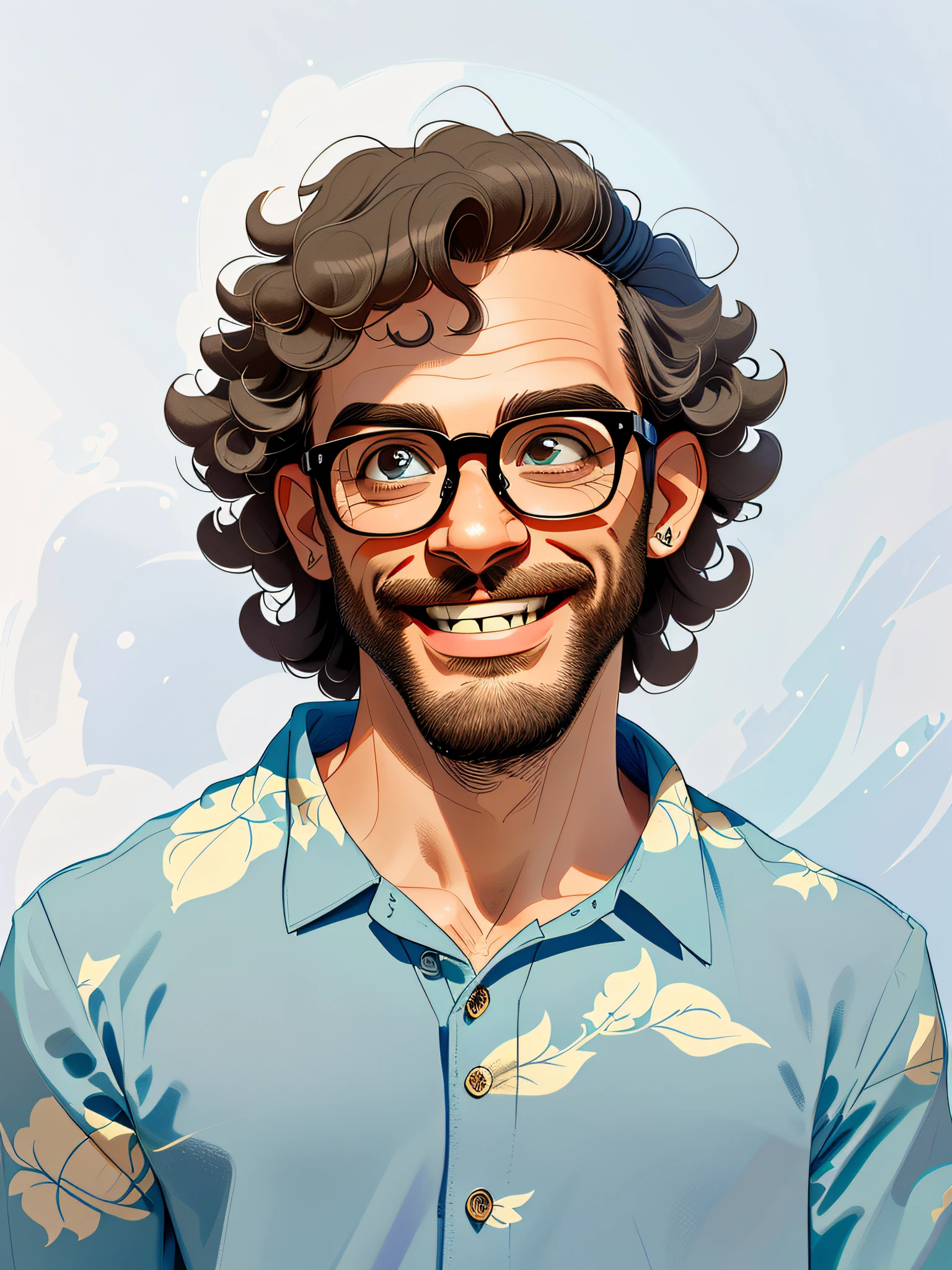 HD, (Best Detail), (Best Quality), Meticulous Facial Features, Smiling Man with Curly Hair in Blue Shirt and Glasses, Two-dimensional, Cartoon