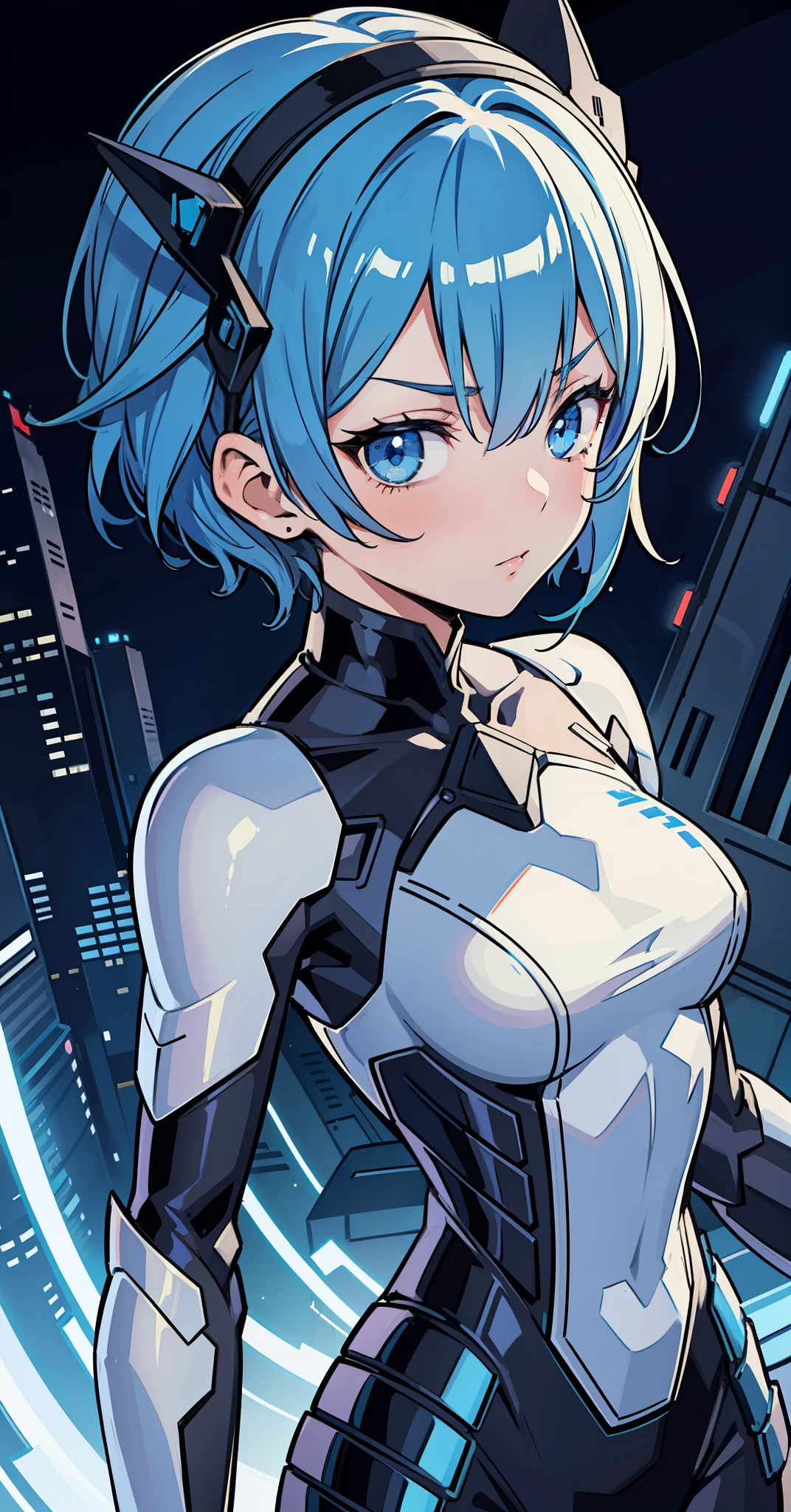 1girl, masterpiece, rem rezero, short hair, blue hair, blue eyes, serious, mechanical suit, black suit, portrait, night city background,