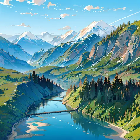 The rivers between the mountains and forests flow gently, and the detailed background rendering of the scenery is a masterpiece....