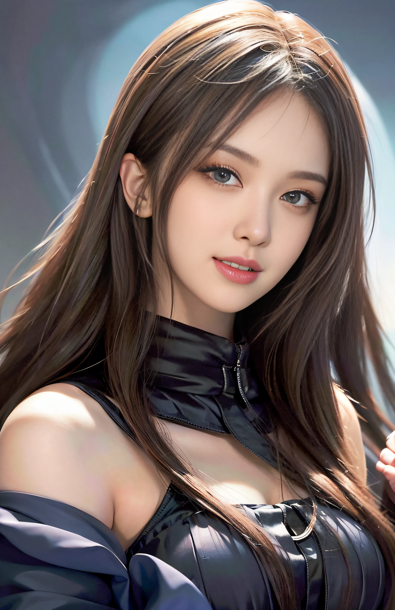 (Ultra Realistic), (Illustration), (Increased Resolution), (8K), (Extremely Detailed), (Best Illustration), (Beautiful and Detailed Eyes), (Best Quality), (Ultra Detailed), (Masterpiece ), ( wallpaper), (detailed face), solo, 1 girl, looking at viewer, fine details, detailed face, in the dark, deep shadows, low key, pureerosfaceace_v1, smiling, long hair, black shawl straight hair , 46 points oblique bangs