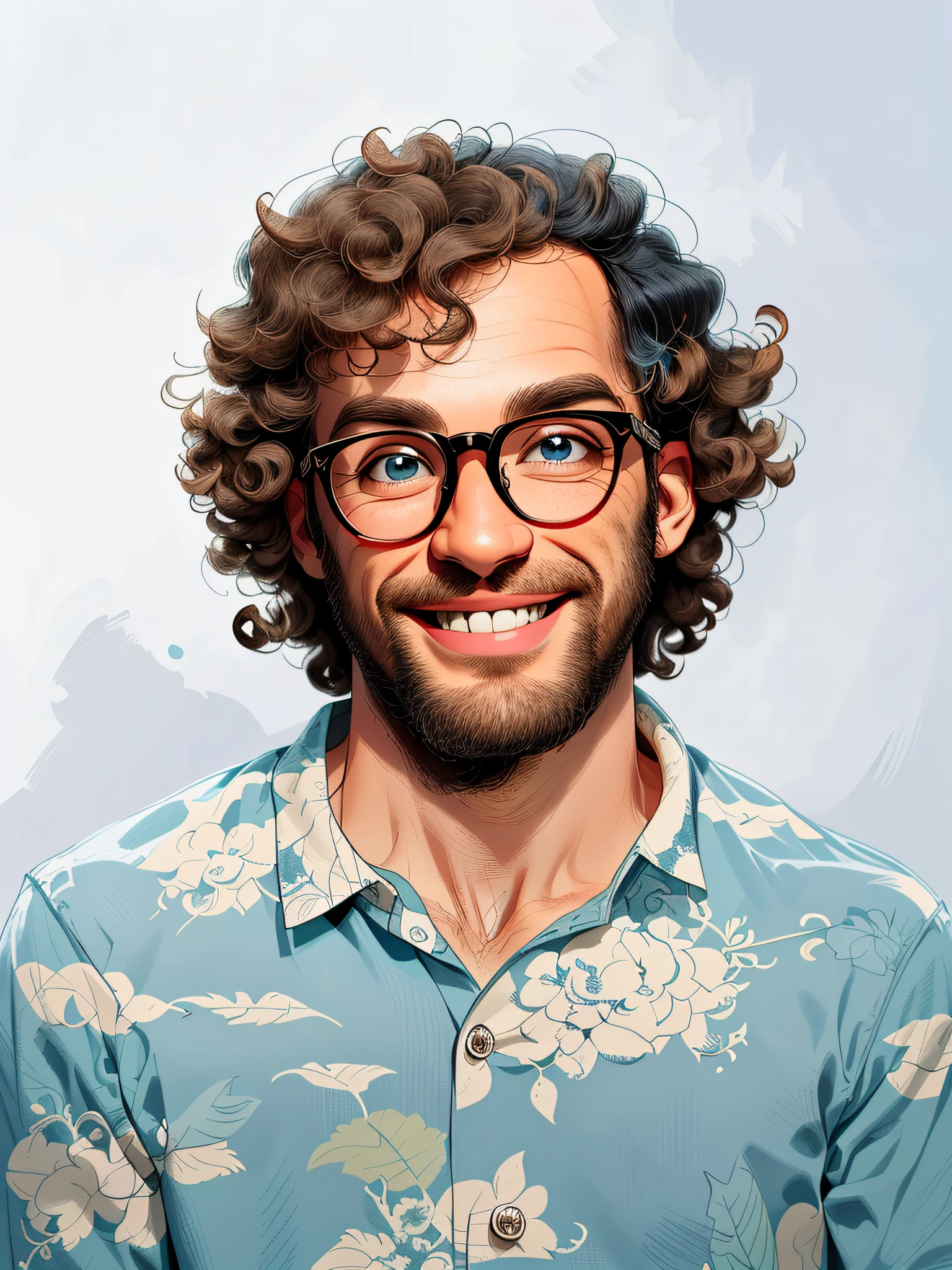 HD, (meilleur détail), (meilleure qualité), Des traits du visage minutieux, Homme souriant aux cheveux bouclés en chemise bleue et lunettes, bidimensionnel, dessin animé