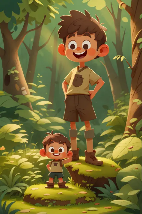 A happy cute boy standing short hair, wearing brown shorts, cream shirt, brown boots outdoors, forest background, toon, pixar st...