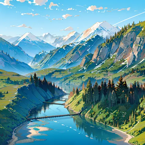 the rivers between the mountains and forests flow gently, and the detailed background rendering of the scenery is a masterpiece....