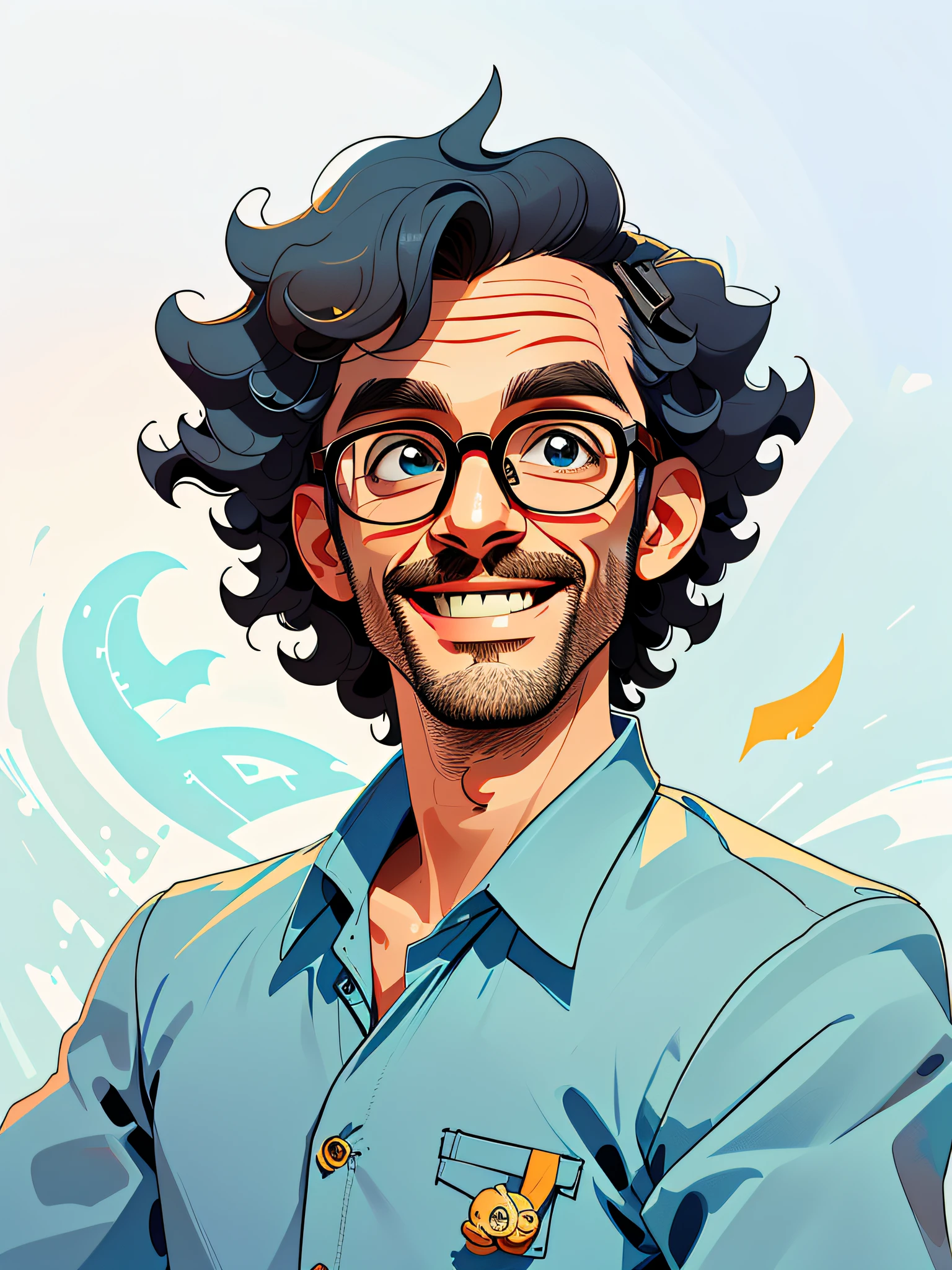 HD, (Best Detail), (Best Quality), Meticulous Facial Features, Smiling Man with Curly Hair in Blue Shirt and Glasses, Two-dimensional, Cartoon