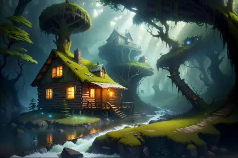 an enchanted forest, decrepit cabin on a rocky bank, abandoned, overgrown, mossy, clear river, lush, mystical, fantasy