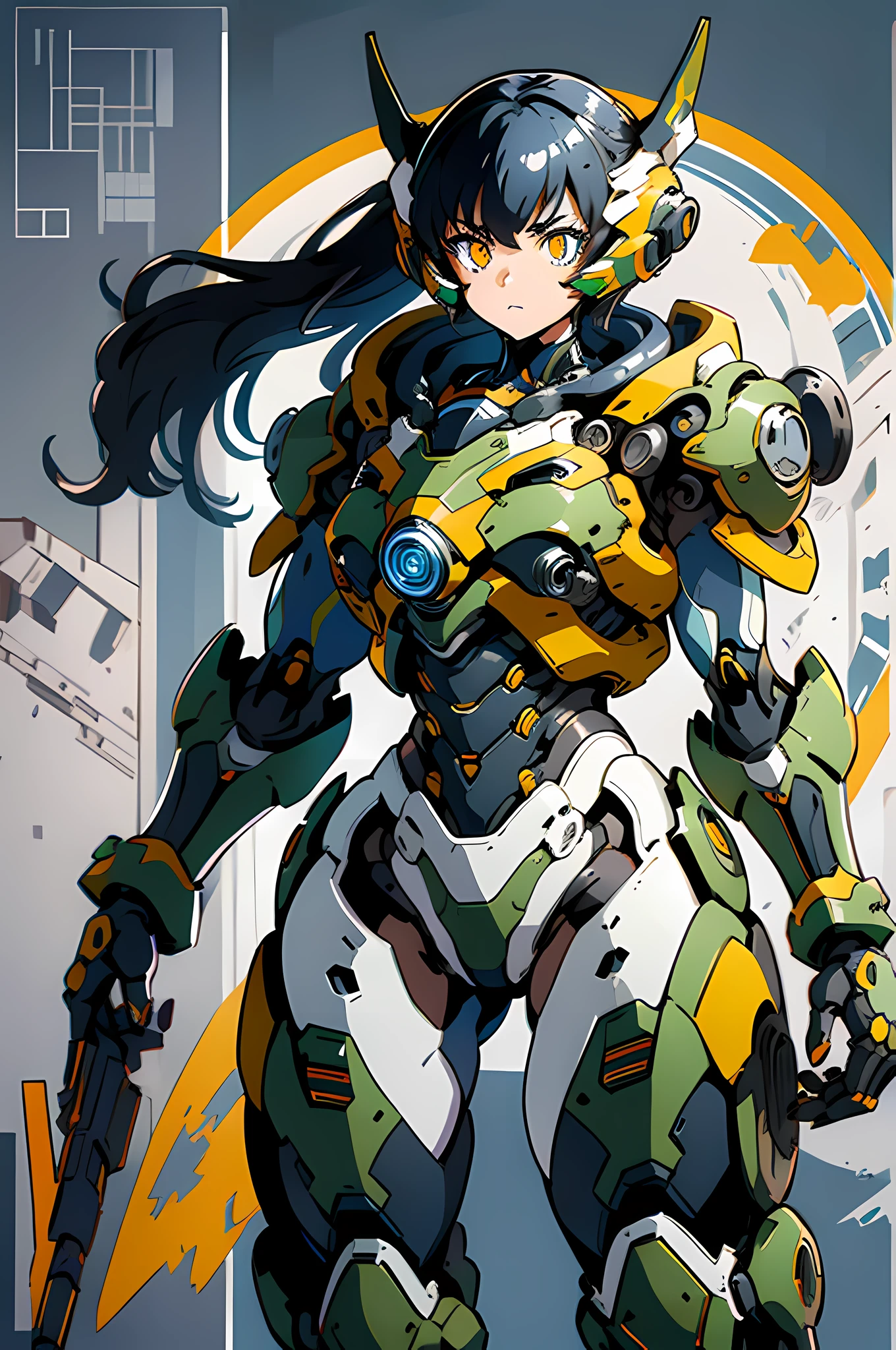 1 girl in mecha suit, glowing eyes, camouflage, concept art running on the battlefield Ink art, flat color, high contrast, fashion Absurd, best quality, negative space,