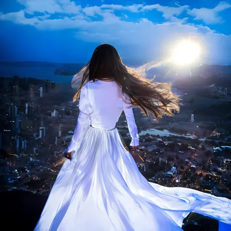 arafins woman in long dress standing on a ledge overlooking the city, beautiful girl on the horizon, wearing a white flowing dre...