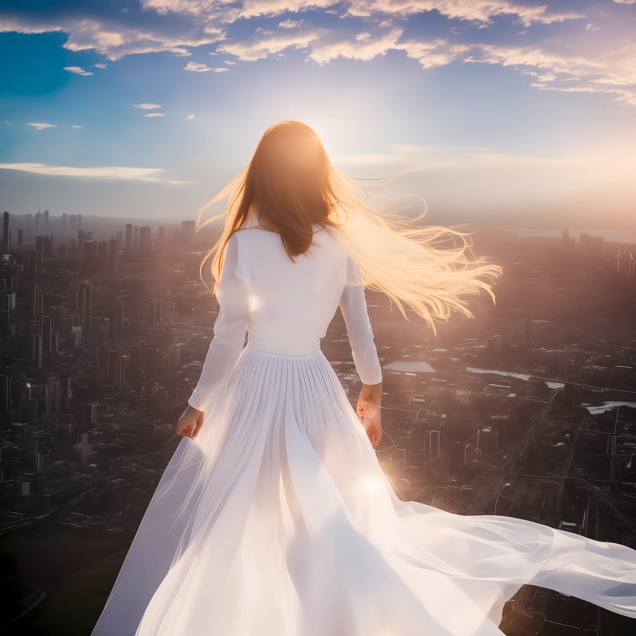 Arafine woman in a long dress standing on a ledge overlooking the city, beautiful girl on the horizon, wearing a white flowing dress, wearing a flowing dress, looking out over the city, looking at the city, flowing dress, flowing white dress, soaring over a dense city, looking down on a modern city, flowing gown, she is approaching heaven in a long dress, receiving the flowing wind, the dress is translucent, There is a magnificent sky of sunset