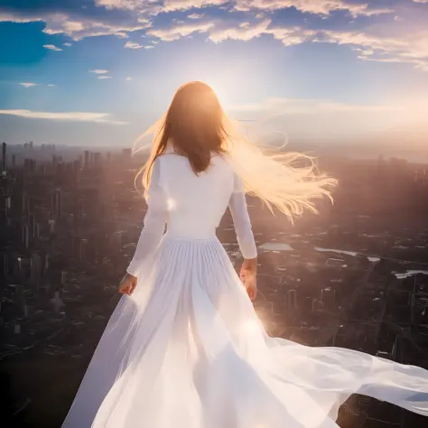 arafine woman in a long dress standing on a ledge overlooking the city, beautiful girl on the horizon, wearing a white flowing d...