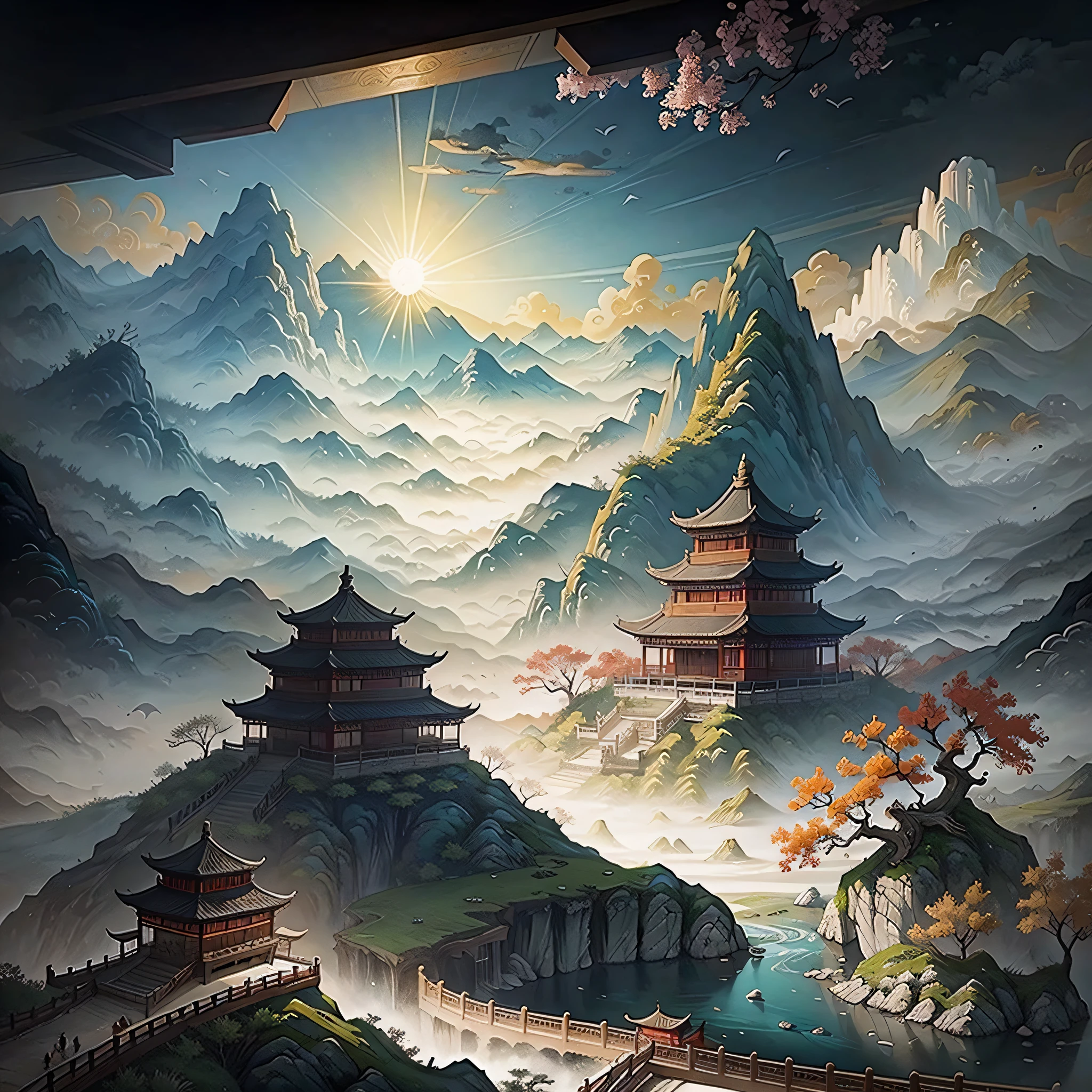 ancient chinese painting, ancient chinese background, mountains, river, auspicious clouds, pavilions, sunlight, masterpiece, super detail, epic composition, ultra hd, high quality, extremely detailed, official art, unified 8k wallpaper, super detail