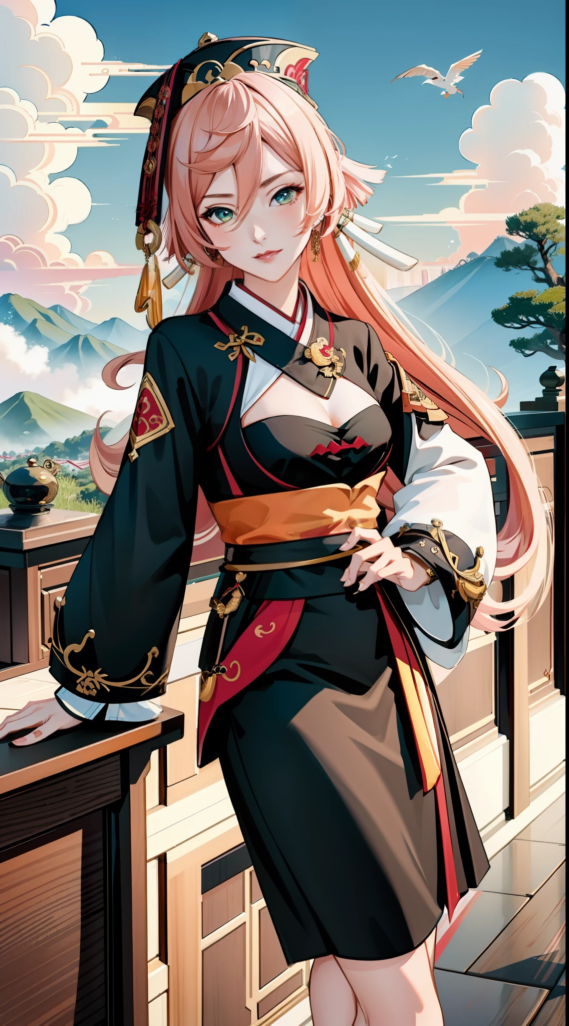Masterpiece, Best quality, Rich details , video game Genshin Impact, Genshin Impact Style, 1 Girl, (Seduction), Sexy Expression, (Adult Female), 30 years old, Smoky, Full Body, Hanfu, Fire, (Chinese Architecture), Mountain, Cloud, Stereogram, High Details, UHD, Ccurate