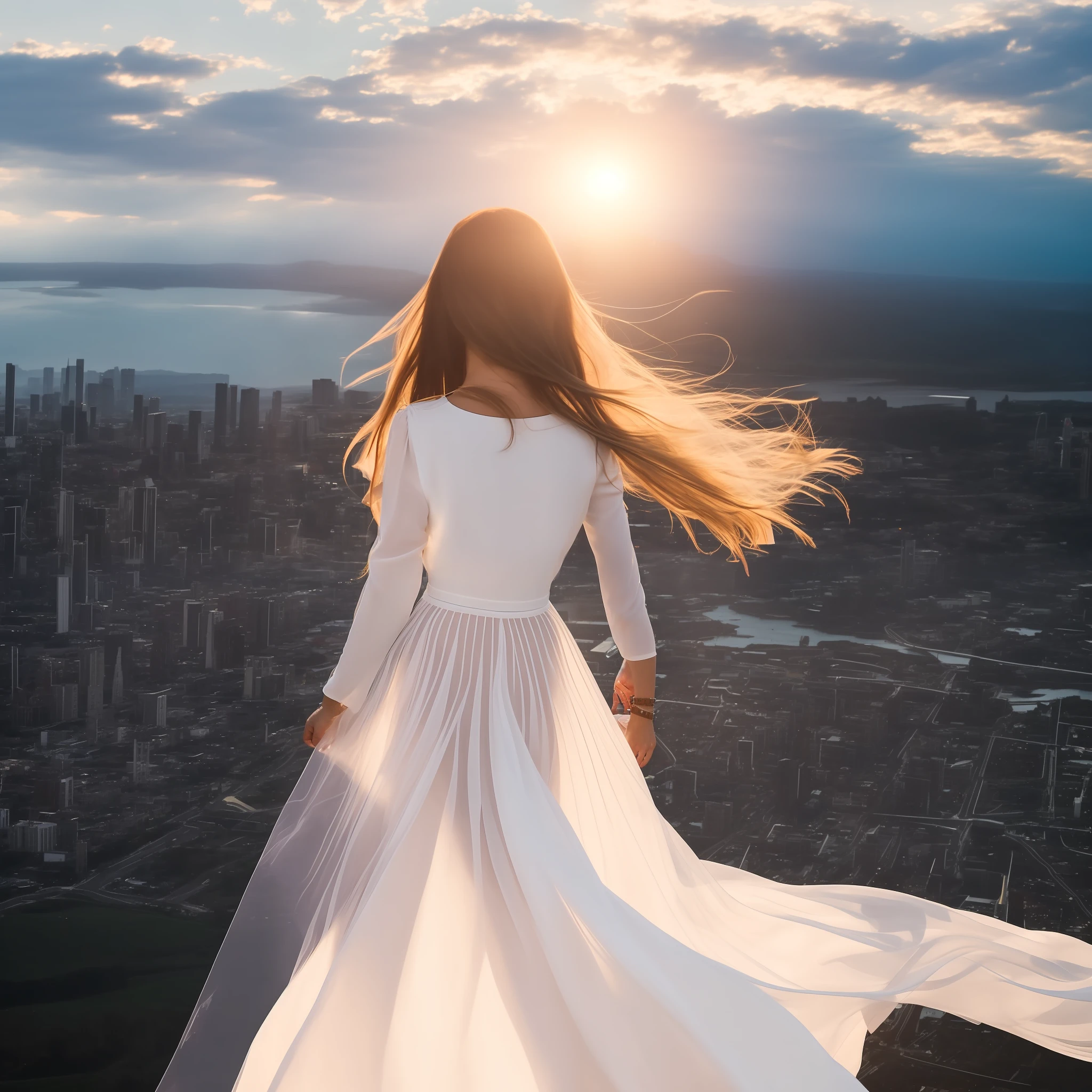 Arafine woman in a long dress standing on a ledge overlooking the city, beautiful girl on the horizon, wearing a white flowing dress, wearing a flowing dress, looking out over the city, looking at the city, flowing dress, flowing white dress, soaring over a dense city, looking down on a modern city, flowing gown, she is approaching heaven in a long dress, receiving the flowing wind, the dress is translucent, There is a magnificent sky of sunset