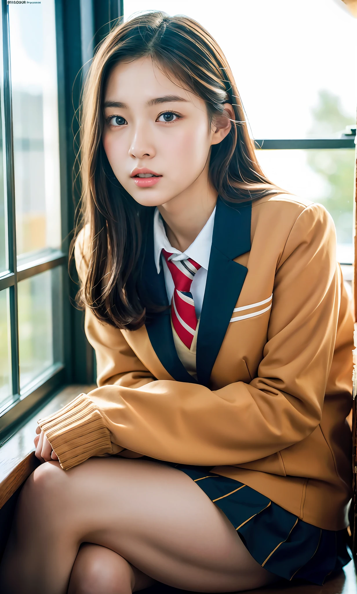 ulzzang-6500-v1.1, (Raw photo:1.2), (Photorealistic:1.4), Beautiful detailed girl, Very detailed eyes and face, Beautiful detailed eyes, Ridiculous, Incredibly ridiculous, Ultra detailed, High resolution, Very detailed, Best quality, Masterpiece, ((Japan girls' high school summer uniform)), In the classroom, by the window and outside the window is blue sky, unity, 8k wallpaper, fantastic, fine detail, masterpiece, top quality, highly detailed cg uniform 8k wallpaper,movie lighting, 14 year old girl, (dynamic pose))), (camel toe), (knee bending leg sitting))