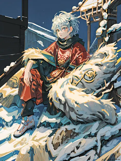 a man sitting on a snow-covered mountain with snow leopard,((snow leopard)), winter concept art, 4k manga wallpaper, trend in ar...