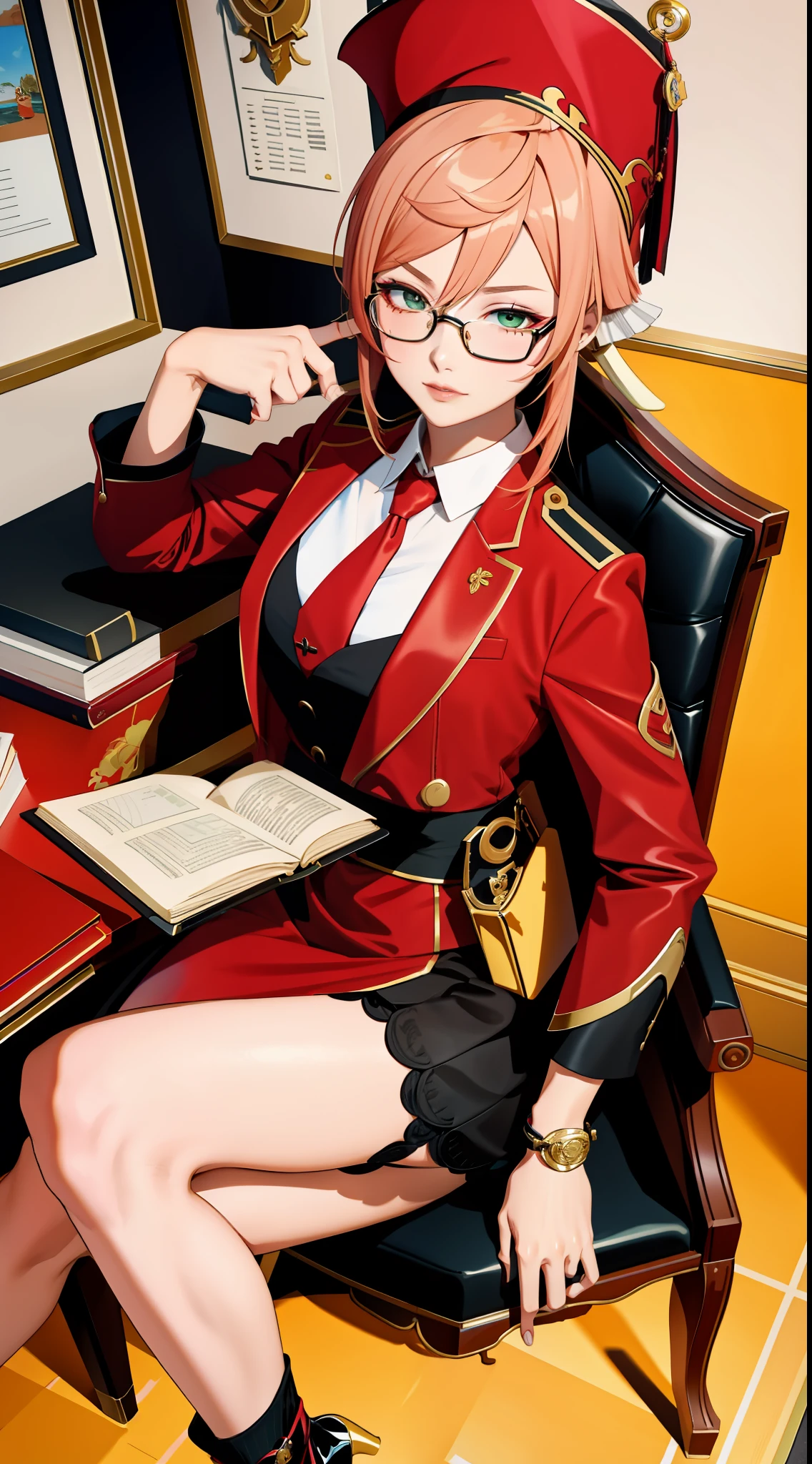 Masterpiece, Best quality, Rich details , video game Genshin Shock, Genshin Impact Style, 1 Girl, (Seductive), Sexy Expression, (Adult Female), 30 years old, Smoky, Full body, Full body, Lawyer, Red suit, Black shirt, yellow tie, tight short skirt, gold wire-rimmed glasses, (Black stockings), Red high heels, sitting on a chair, book, holding, full body, in the office