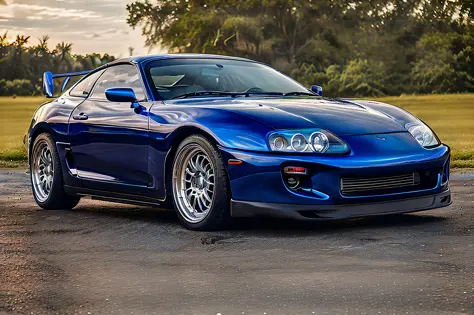 allafard blue roadster parked on paved roads in the park, tesla, wide body, epic stance, jdm, front, front profile shot, low pro...