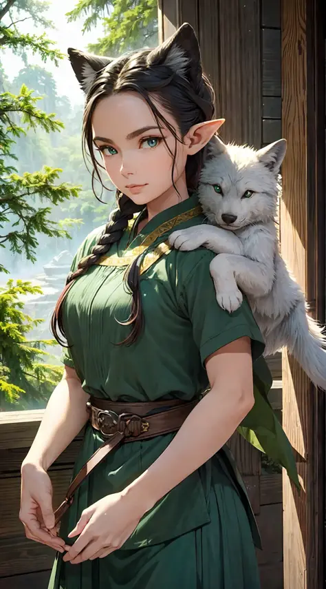 (masterpiece, best quality), beautiful beautiful elf ranger with a huge dire wolf companion patrolling the mystical mountain for...