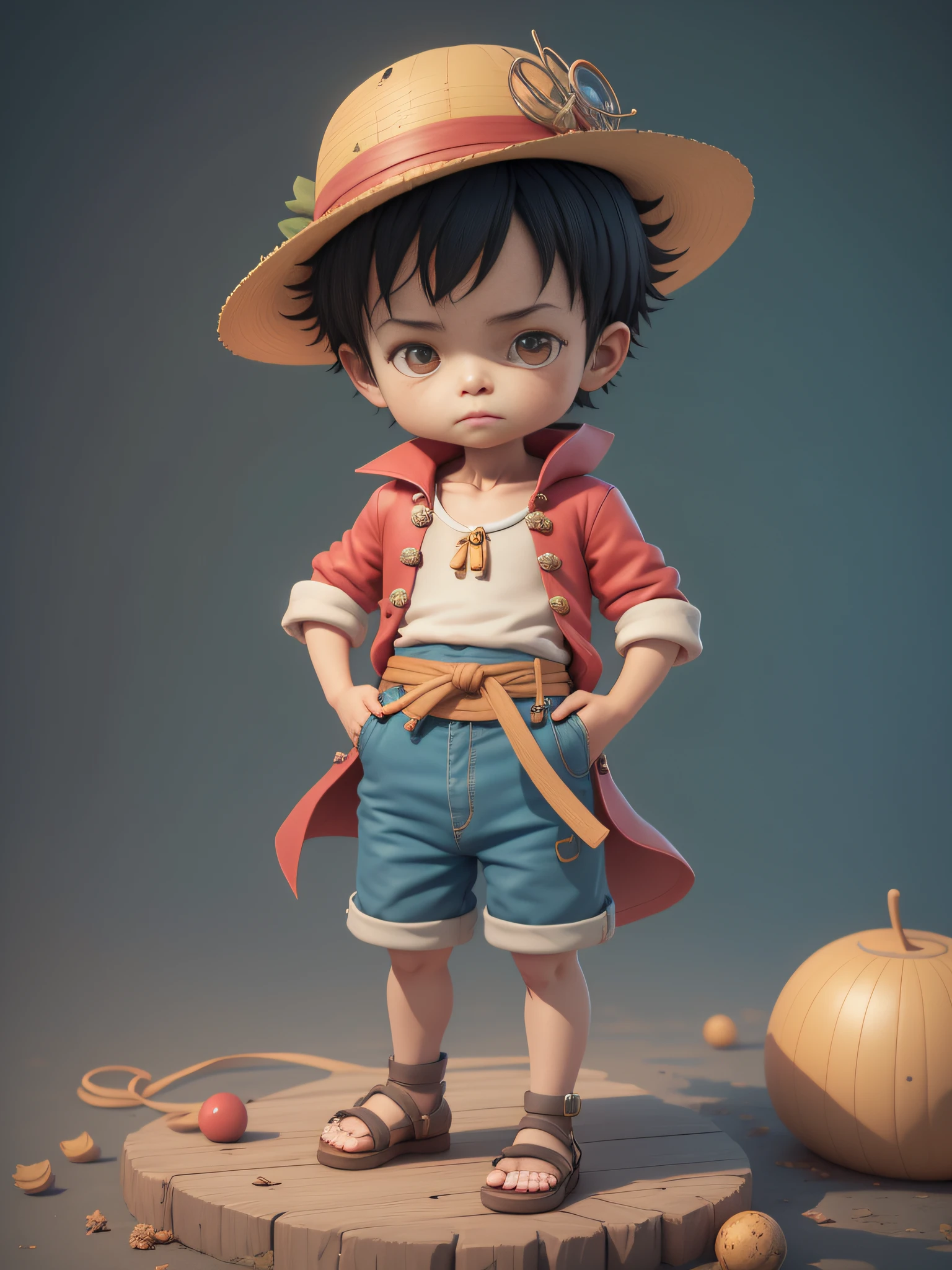 cute 3d render, cute detailed digital art, male explorer mini cute boy, cute digital painting, stylized 3d render, cute digital art, cute render 3d anime boy, luffy the little pirate looks up, cute! c4d, portrait anime sea pirate boy, he is wearing an open long-sleeved red cardigan with four buttons, with a yellow sash tied around his waist, blue shorts with cuffs, sandals.