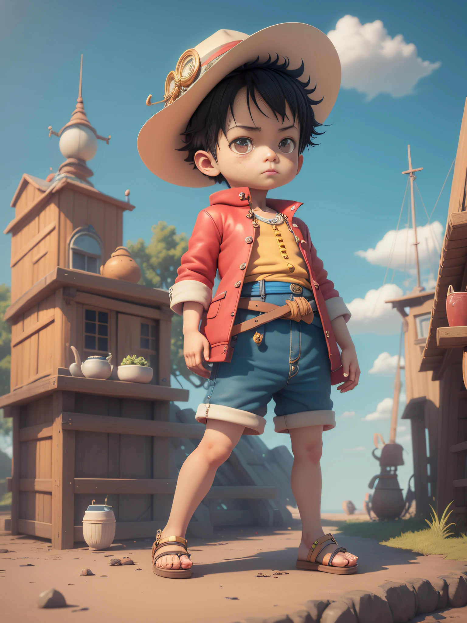 bonitinho 3d render, bonitinho detailed digital art, male explorer mini bonitinho boy, bonitinho digital painting, renderização 3d estilizada, bonitinho digital art, bonitinho render 3d anime boy, Luffy, o pequeno pirata, olha para cima, bonitinho! c4d, retrato anime mar pirata garoto, ((ele está vestindo um cardigã vermelho aberto de mangas compridas com quatro botões, com uma faixa amarela amarrada na cintura, shorts azuis com punhos, sandálias)), ((parado em um navio pirata)).