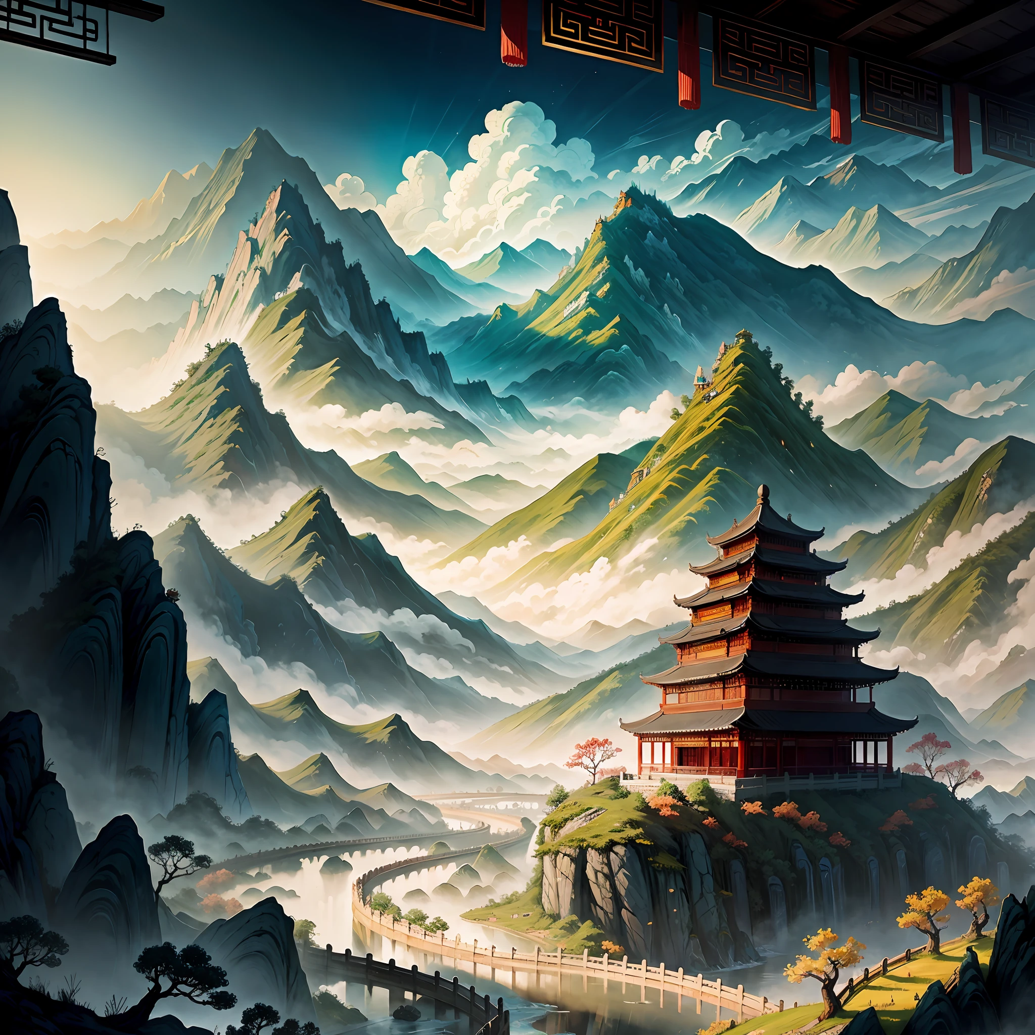 ancient chinese painting, ancient chinese background, mountains, river, auspicious clouds, pavilions, sunlight, chinese dragon, masterpiece, super detail, epic composition, ultra hd, high quality, extremely detailed, official art